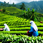 Indonesian Coffee Plantation**

"A professional photograph of a lush green coffee plantation in Sumatra, Indonesia. Workers in modest clothing are carefully harvesting coffee cherries. Rolling hills in the background under a bright, clear sky. Focus on the vibrant colors and the detail of the coffee plants. Safe for work, appropriate content, fully clothed, professional photography, perfect anatomy, natural proportions, high quality."

**