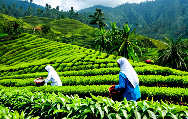 Indonesian Coffee Plantation**

"A professional photograph of a lush green coffee plantation in Sumatra, Indonesia. Workers in modest clothing are carefully harvesting coffee cherries. Rolling hills in the background under a bright, clear sky. Focus on the vibrant colors and the detail of the coffee plants. Safe for work, appropriate content, fully clothed, professional photography, perfect anatomy, natural proportions, high quality."

**